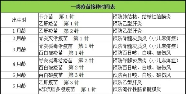 新生兒0~6個月疫苗接種表